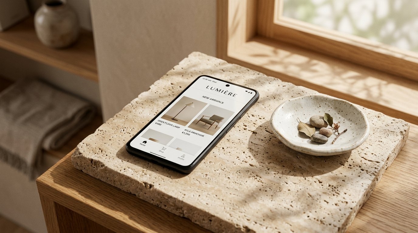 Smartphone on travertine stone displaying mobile store
