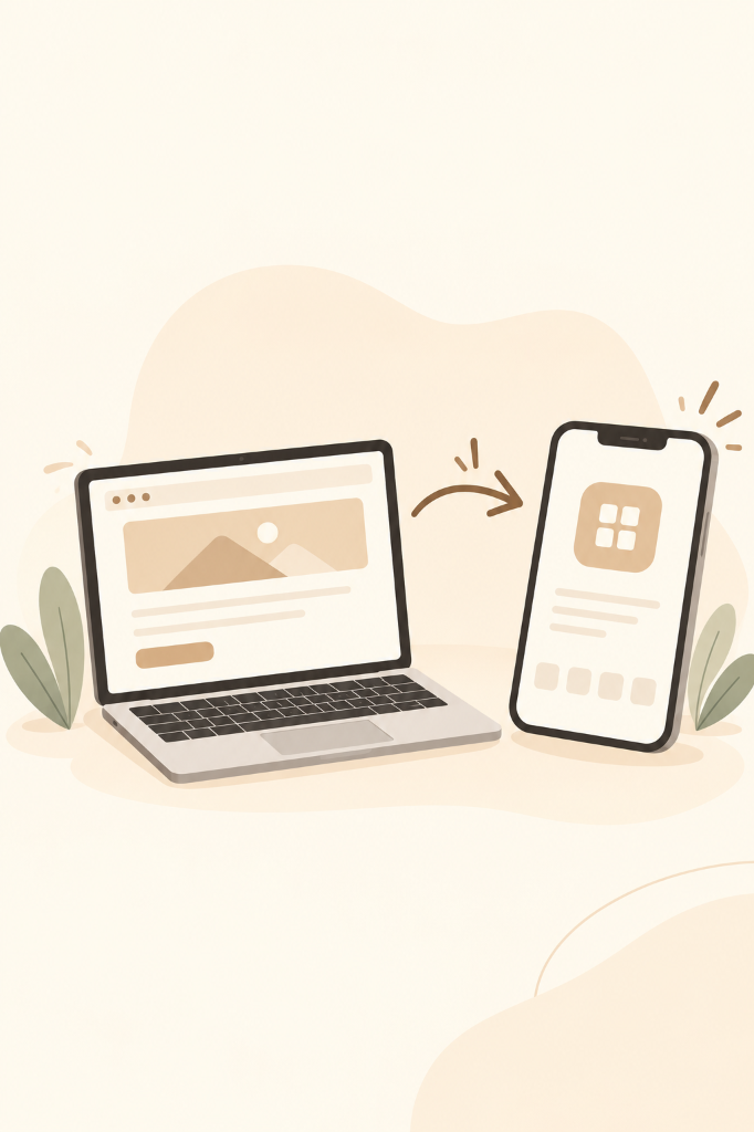 From Website to App illustration showing laptop converting to mobile app